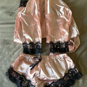 SHEIN Pink Satin Robe Set with Black Lace